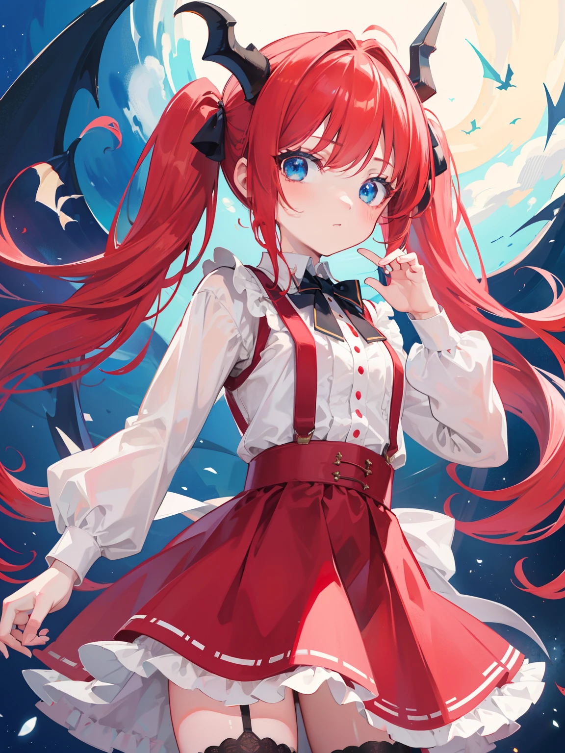 {{best quality}}, {{masterpiece}}, {{ultra-detailed}}, {illustration}, {detailed light}, red hair,blue eyes,twintails,lolita,Suspenders skirt,Fantastic,loli,solo,Dragon horns,little girl,long hair