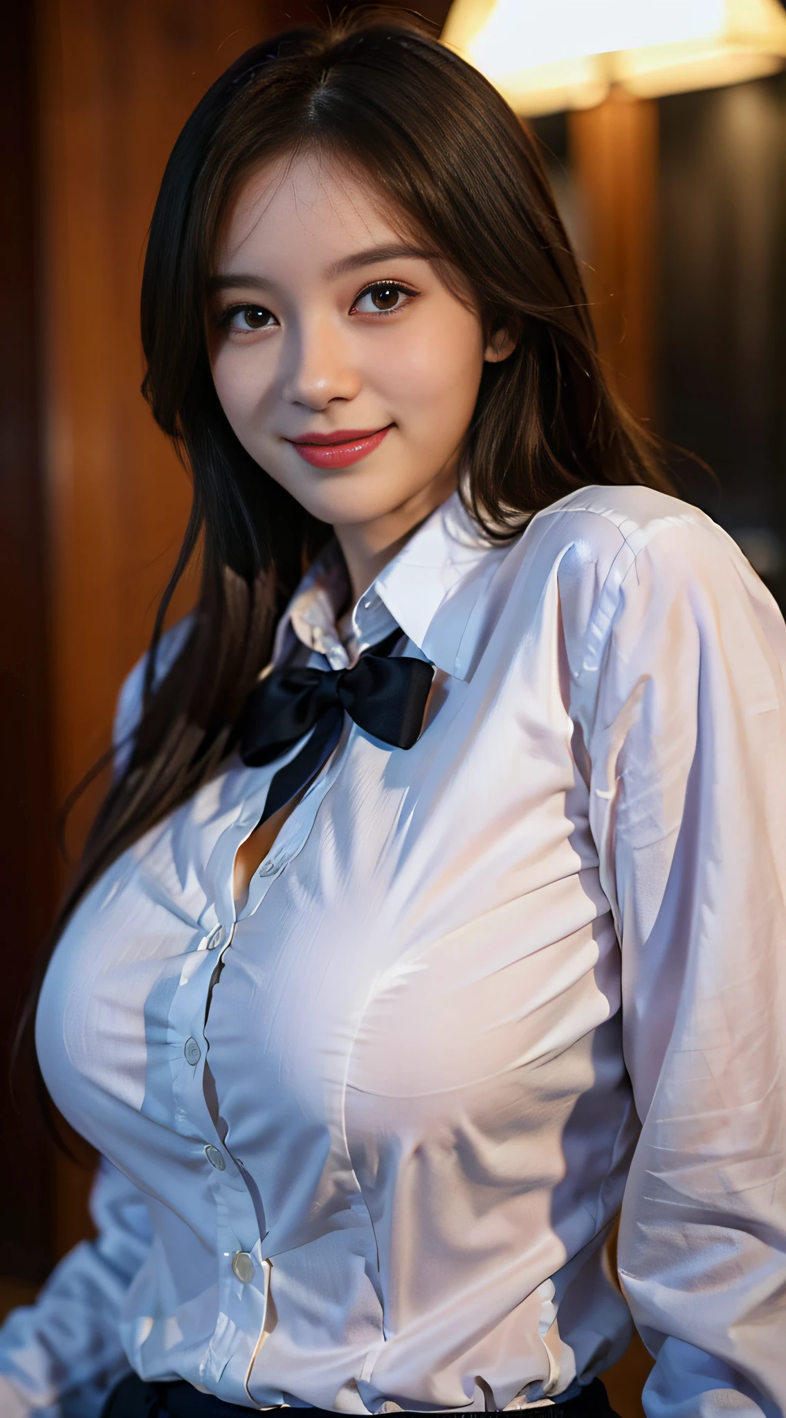 (dasha taran),(detailed princess face),upper half of body,long-sleeved button down shirt,school uniform,(thick body,huge breasts1.8,longbreast),smile,detailed background (masterpiece1.6,professional photo,modelshoot,super high quality),detailed background,(photography lighting)