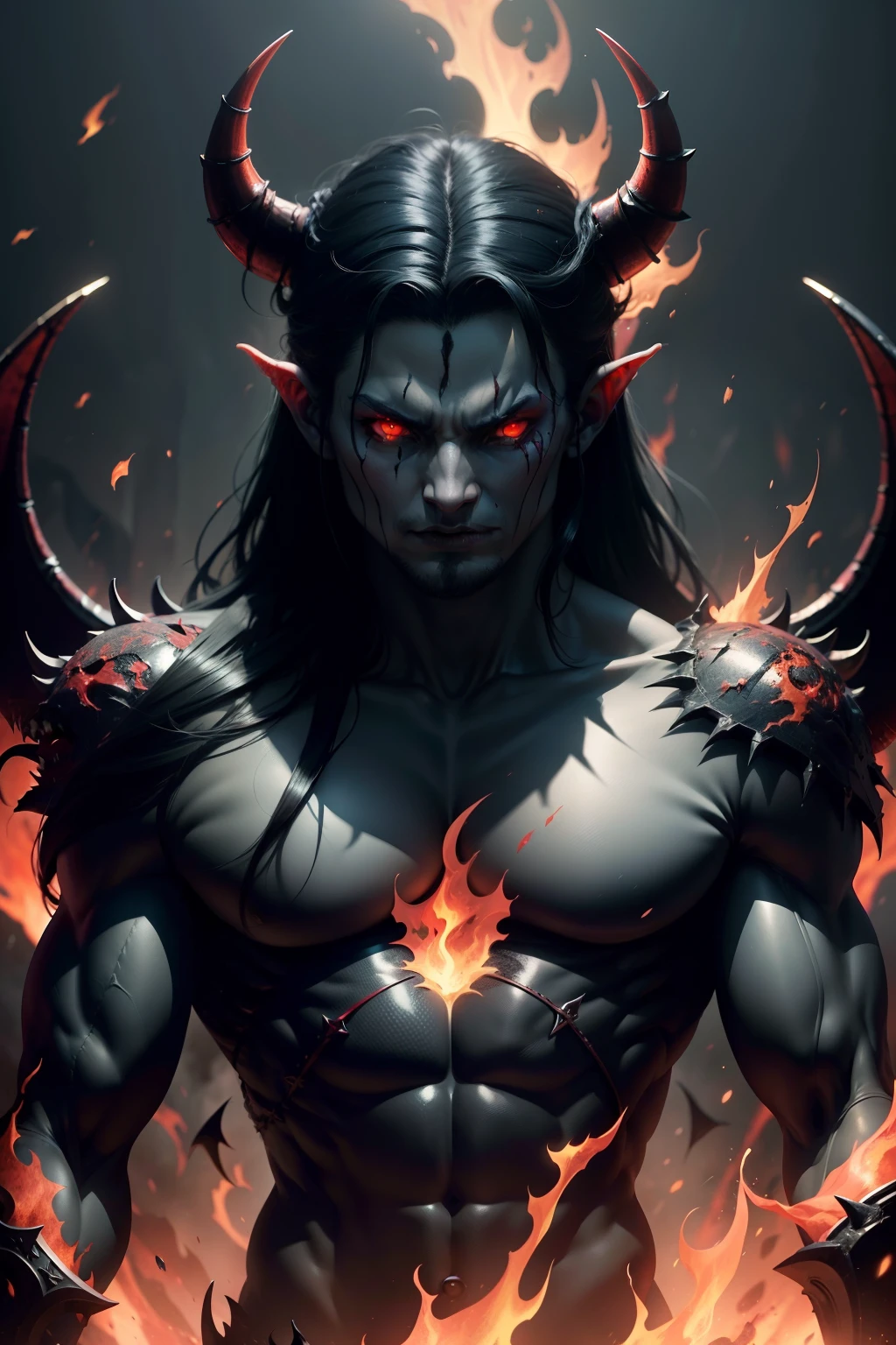 "Imagine a powerful male demon inspired by Final Fantasy's Ifrit. He has a muscular and imposing figure, with dark, fiery red skin. Sharp, menacing horns emerge from his head, and his eyes glow an intense yellow color. Its mouth is full of sharp, jagged teeth. Its body is adorned with tribal markings and scars, adding to its intimidating presence. Its hair is long and wild, resembling flames that cascade down its back. is enveloped in an aura of fire and heat. In the background, a dark volcanic scene with flowing lava and burning embers in the air."