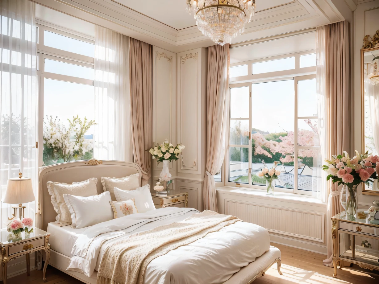 ,masterpiece, best quality,8k, ultra highres,As you walk into this picturesque bedroom,The whole body is surrounded by a gorgeous and luxurious atmosphere。The bed is covered with soft and comfortable silk linen,Pillowcases and feather duvets with delicate embroidery,Discover a different kind of luxury at the touch of a button。On the bedside table are bouquets of fresh flowers,Exudes a charming aroma,It's intoxicating。On the wall is a huge art painting,The delicate colors and unique composition highlight the taste and eye of the owner。The curtains are made of high-grade yarn materials,The breeze sways gently as it blows,It adds a touch of romance to the whole room。You lie comfortably on a soft bed,Watch the lights twinkle in the room,It's like entering a fairytale fantasy world,Endless beauty unfolds before your eyes。