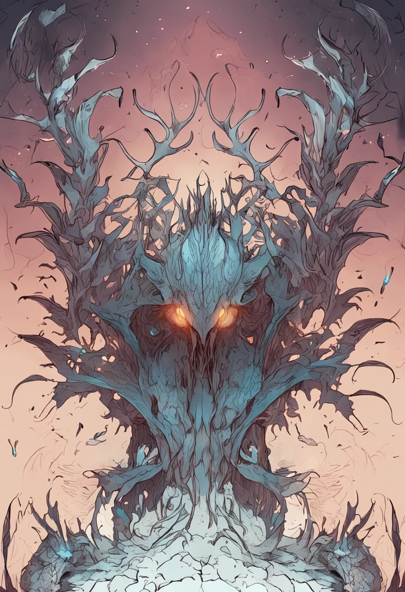 Horizontal antlers,The shattered aura glows warmly and brightly between the antlers
A pair of wings in the back,Layers of broken feathers,There are wings underneath,It is a tentacle covered with white scales,A grotesque but beautiful monster