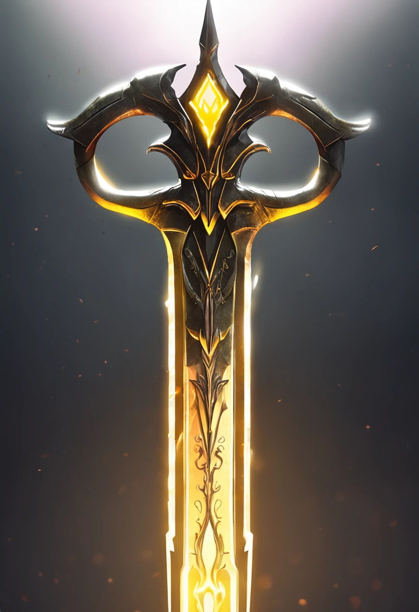 there is a pike with a yellow and black design on it, glowing yellow soul blade, glowing pike, style of pike blade, raytraced blade, glaive, shinning pike, intricate fantasy spear, war blade weapon, medievil spear, magical pike, realistic pike