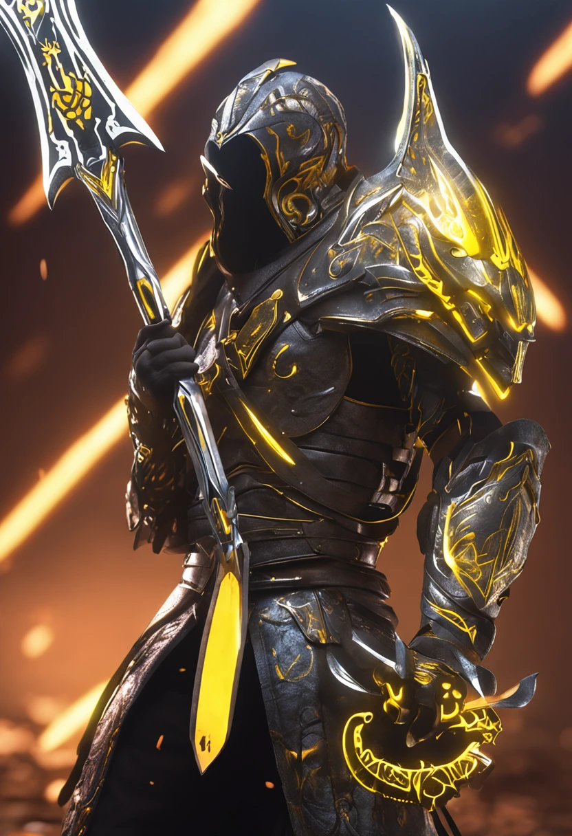there is a pike with a yellow and black design on it, glowing yellow soul blade, glowing pike, style of pike blade, raytraced blade, glaive, shinning pike, intricate fantasy spear, war blade weapon, medievil spear, magical pike, realistic pike