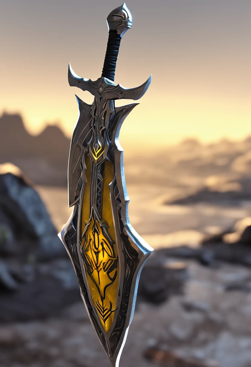 there is a pike with a yellow and black design on it, glowing yellow soul blade, glowing pike, style of pike blade, raytraced blade, glaive, shinning pike, intricate fantasy spear, war blade weapon, medievil spear, magical pike, realistic pike