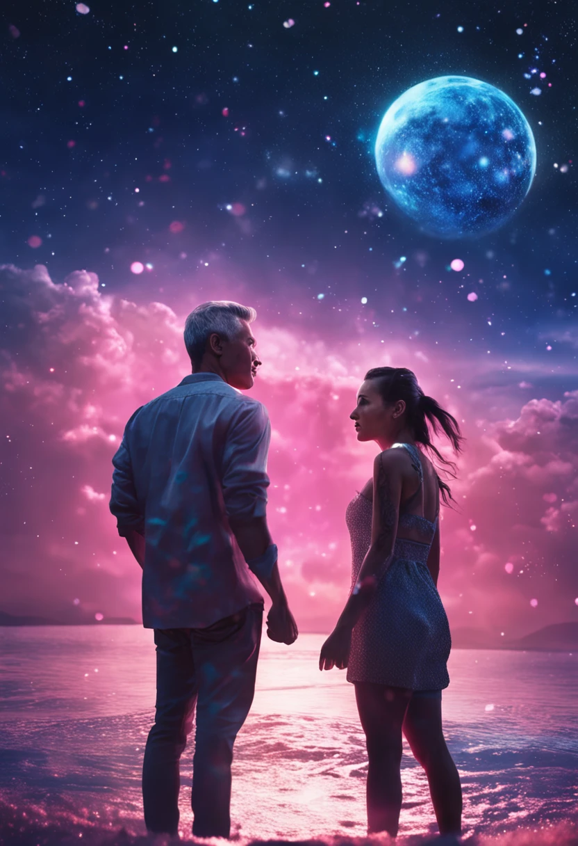 Cinematic images，Romantic couple kissing in the wind，Blue-haired boy，Girl with pink hair，glowing stars，Glow effects，Heart-shaped bubbles，the night，On a cruise ship，The face is clear and accurate，detail in face，super-fine，beachside，16K resolution，high qulity，电影灯光，High picture detail，dynamic viewing angle，Detailed pubic hair，Epic shooting，oc rendered