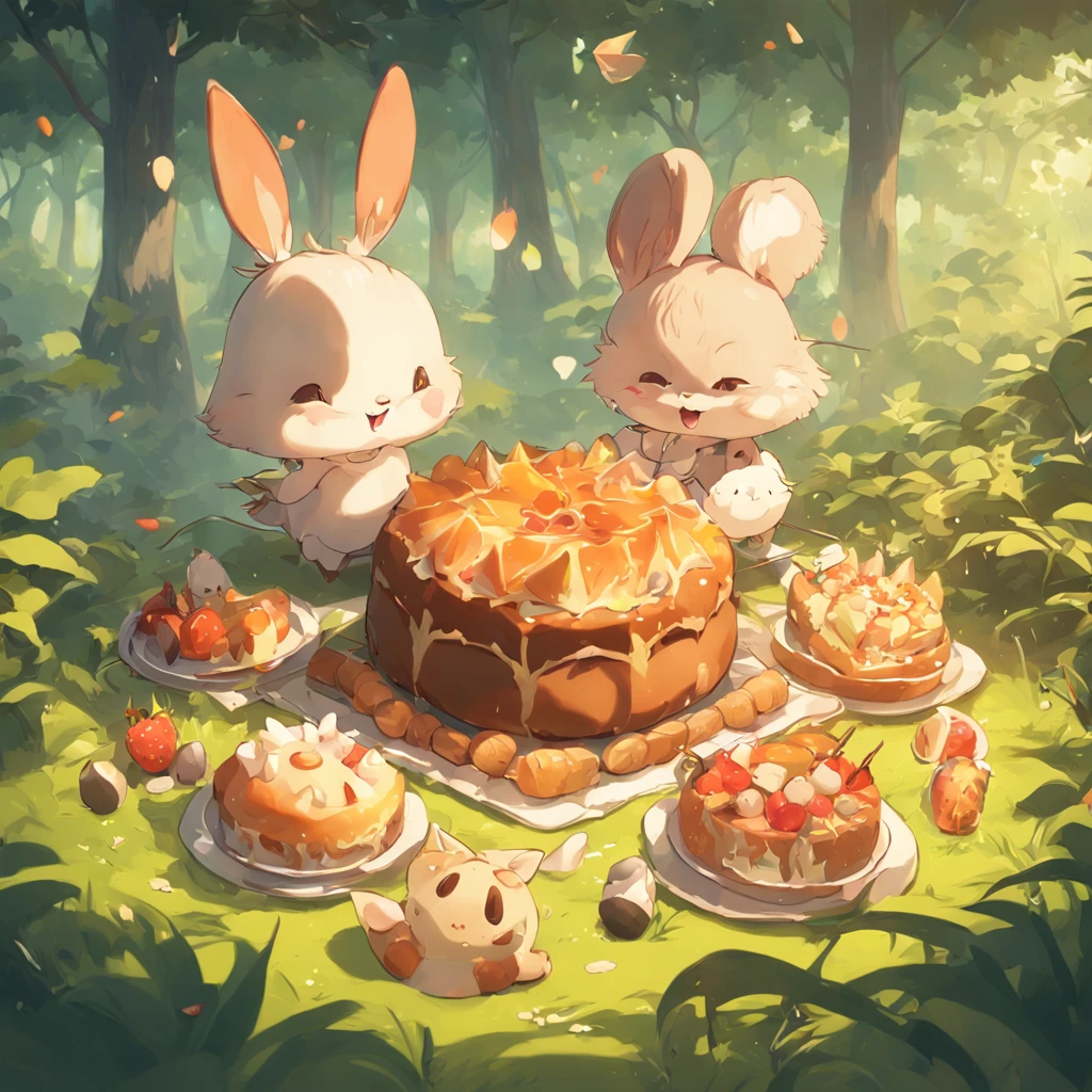 bunny、Little squirrel、Hedgehogs enjoy a sumptuous dinner in the forest, barbecue, Bake naturally, the fruits, delicacies， ln the forest, A small dinner in the summer forest, Delicious picnic, league of legends style art, Stylized 3D rendering，Cute 3d render，3D rendering official art，Stylized anime，Ultra-realistic food，Polycount competition winner，Render baking