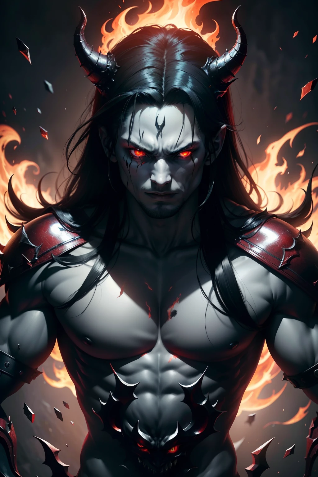 An aggressive God with long hairs in hell