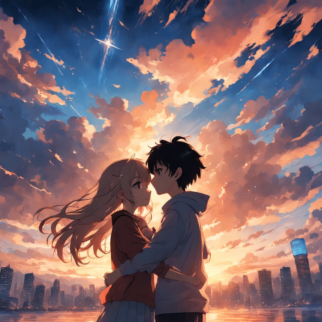 tmasterpiece，best qualtiy，cinematic Film still from，1boy，1girl，Yun boy and girl hugged together，Floating in the sky，brightly，cheerfulness，Warm and soft lighting，the sunset，（spark of light：0.7）