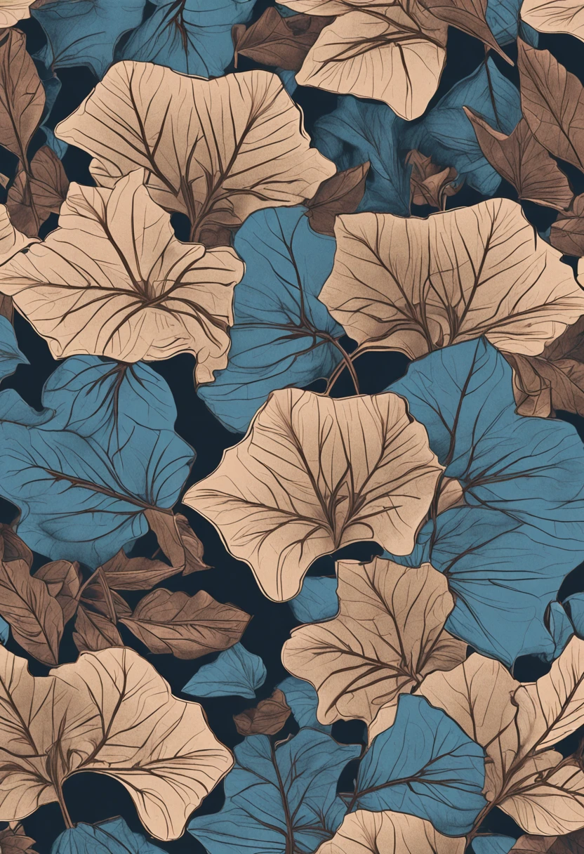 Screen full of morning glory and leaves,It has an engraving effect,Brown flowers,Blue leaves。