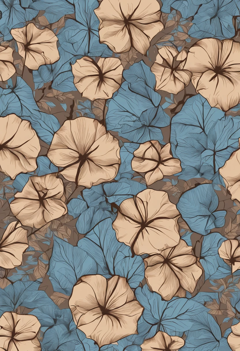 Screen full of morning glory and leaves，It has an engraving effect，Brown flowers，Blue leaves。