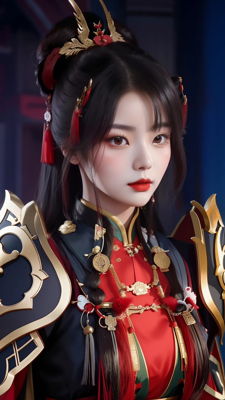 a close up of a woman in a red and black outfit, inspired by Li Mei-shu, inspired by Ju Lian, by Yang J, heise jinyao, bian lian, inspired by Lan Ying, inspired by Qiu Ying, inspired by Pu Hua, inspired by Du Qiong, xianxia hero, zhongli from genshin impact