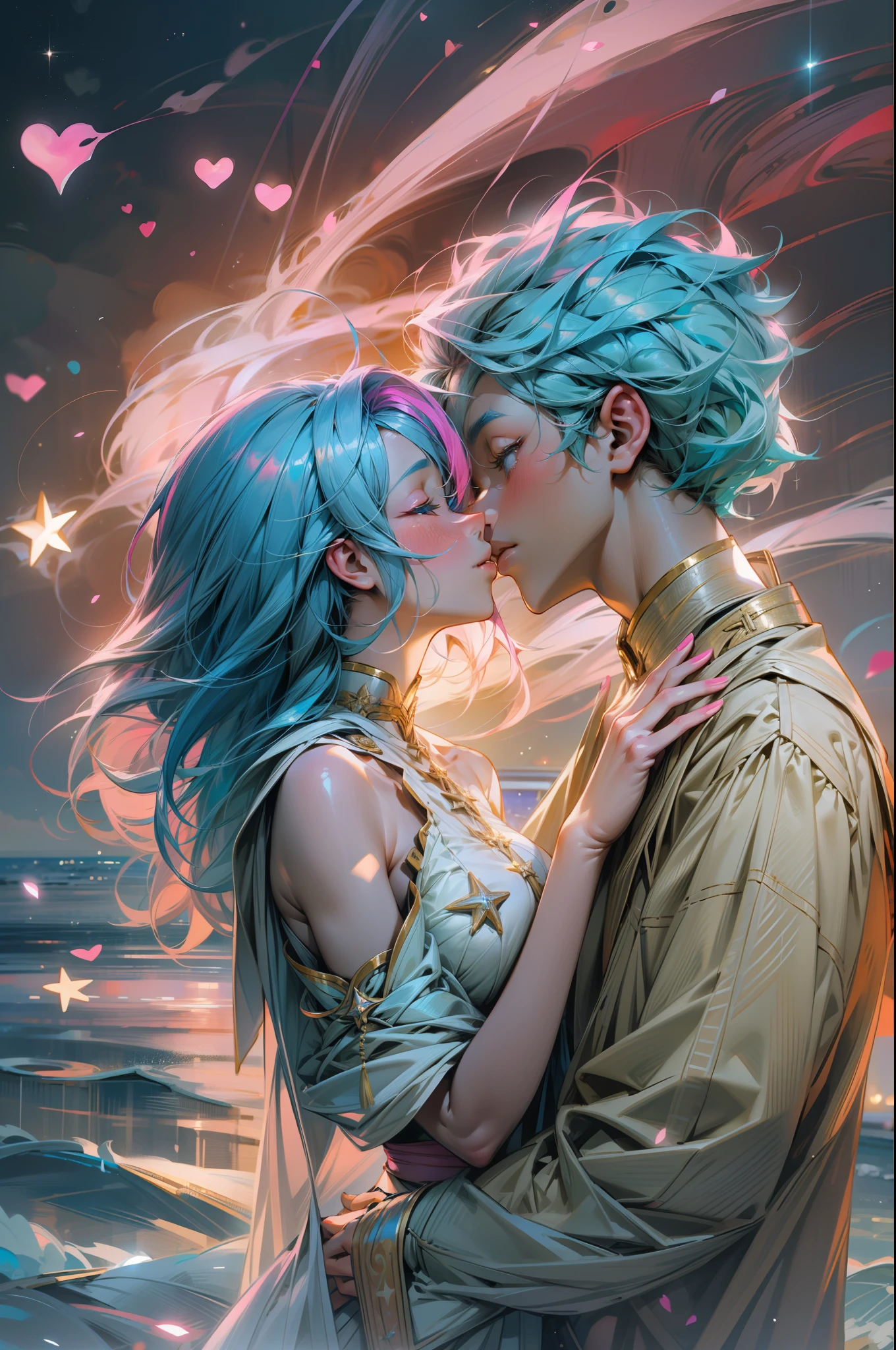 Romantic couple kissing in the wind，Blue-haired boy，Girl with pink hair，glowing stars，Glow effects，Heart-shaped bubbles，the night，On cruise ships，fire works，The face is clear and accurate，detail in face，super-fine，beachside，16K resolution，high qulity，电影灯光，High picture detail，dynamic viewing angle，Detailed pubic hair，Epic shooting，oc rendered