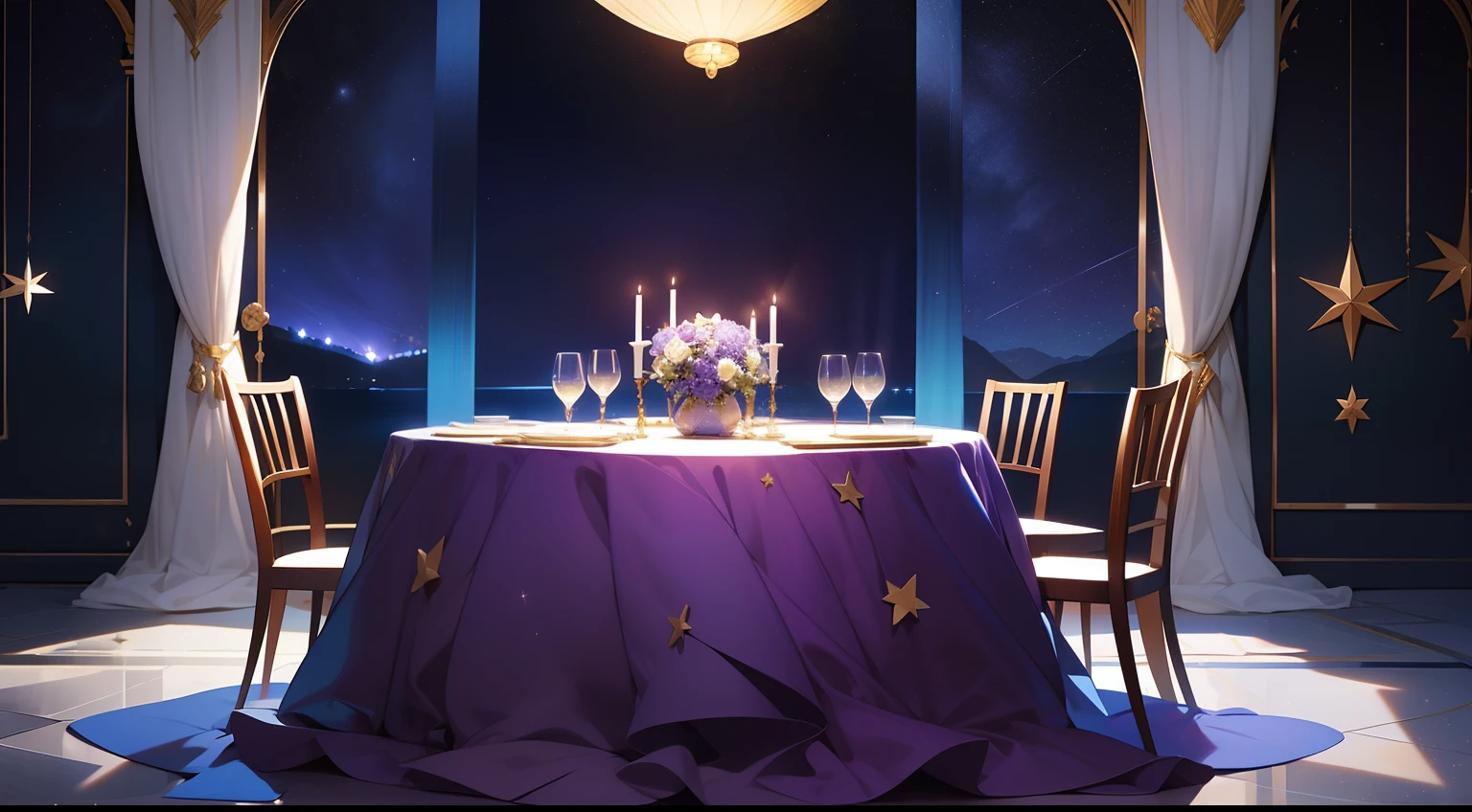 Best Category-Visual Arts: "create a table with the backdrop un mar con estrellas y luna grande. The scene is in a purple and blue color scheme, con tematica de noche , con decaracion de linternas amarillas luminosas, lamparas chinas."