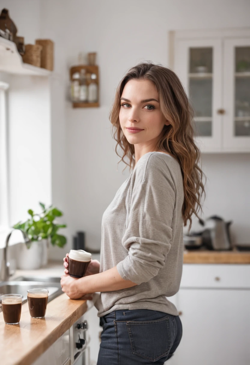 A young white woman with various tattoos and hair standing in her kitchen, Her T-shirt and slippers are the only clothes she wears while enjoying freshly brewed coffee.