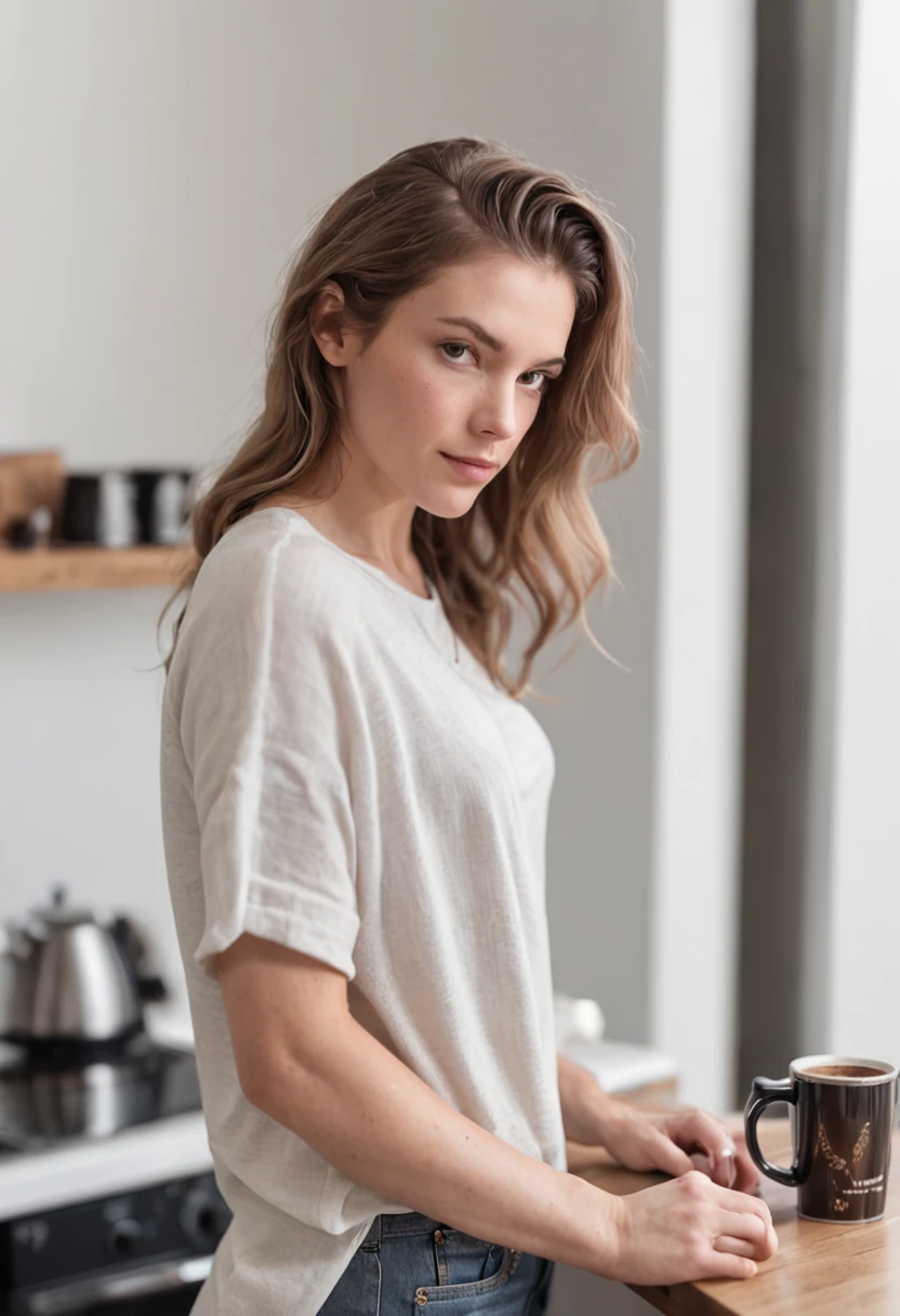 A young white woman with various tattoos and hair standing in her kitchen, Her T-shirt and slippers are the only clothes she wears while enjoying freshly brewed coffee.