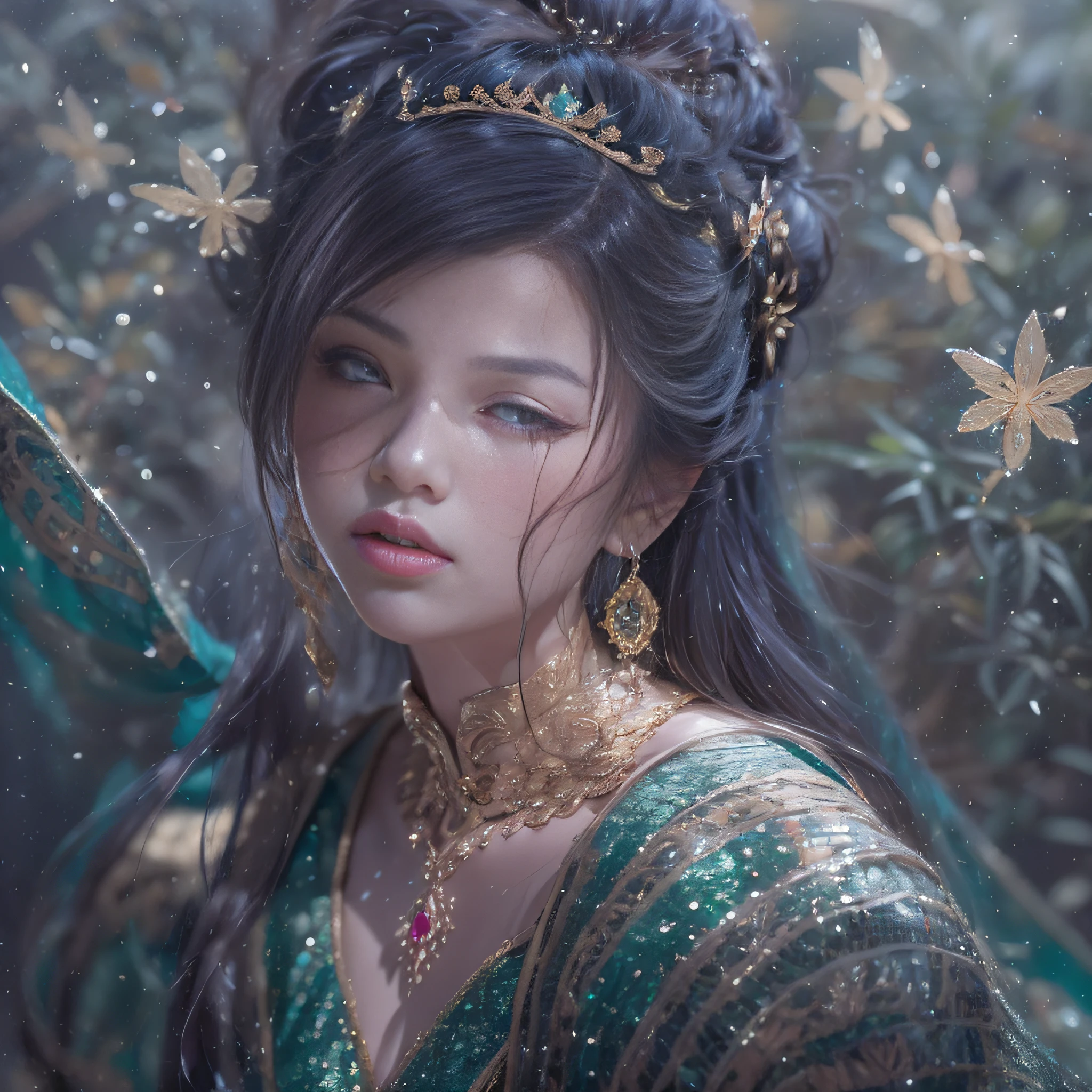 woman with a perfect face, in a mythical forest, masterpiece, intricate details, raw photo, photo unp <lora:simmer_soap_bubble:1> simmer_soap_bubble