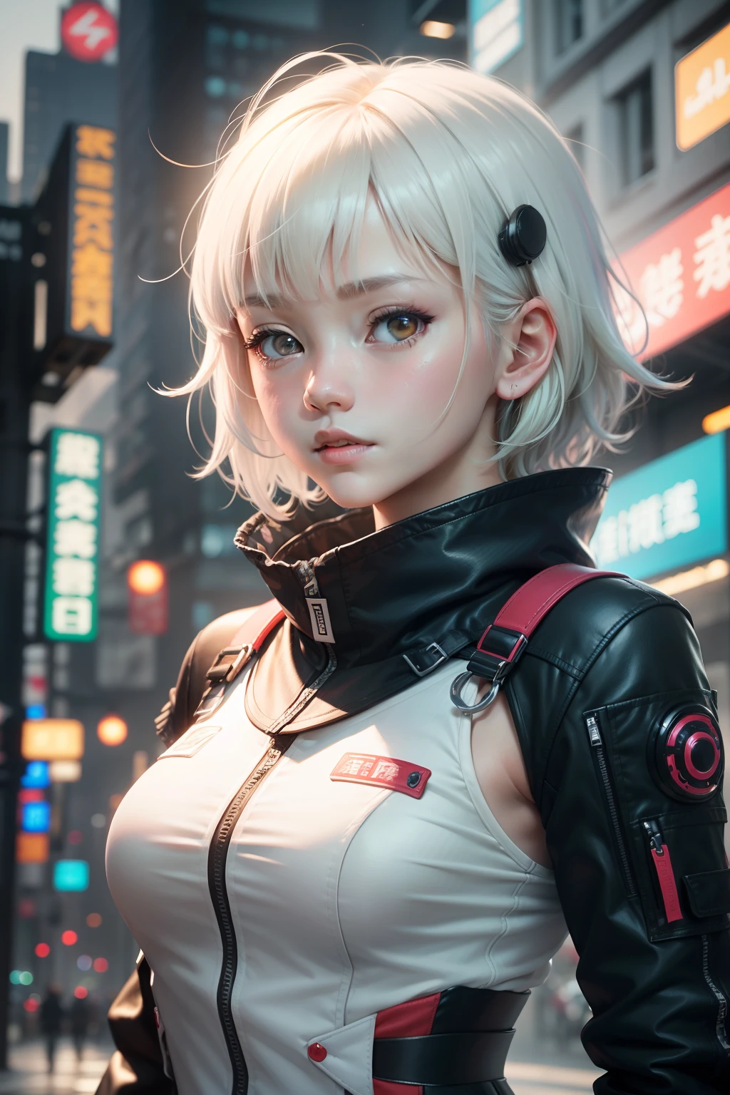 cute female ,long eyelasher,美丽细致的眼睛,extra very short hair,white color hair,By bangs,Martial artist,messy hair,scifi style,Cyberpunk clothes,final fantasy style,Symphony 2.5D,Half-body bust