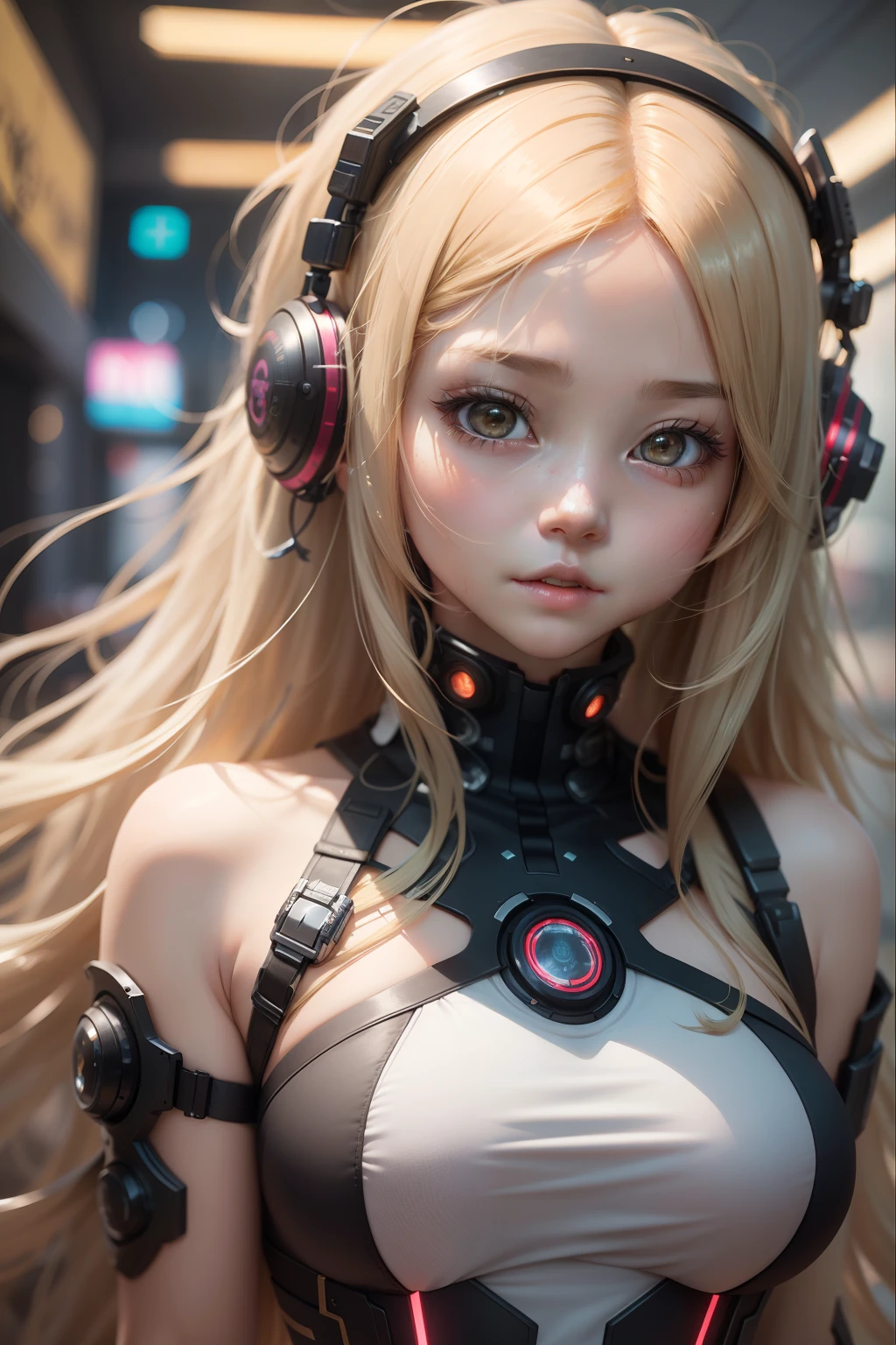 (8k, RAW photo, photorealistic:1.25) ,( lipgloss, eyelashes, gloss-face, glossy skin, best quality, ultra highres, depth of field, chromatic aberration, caustics, Broad lighting, natural shading,Kpop idol cyberpunk girl, very long blonde hair in pigtails, moonlight eyes, blushing, accentuated super huge enormously gigantic tits, cleavage showing, cat ear headphones, Harajuku-inspired cyberpunk hip hop clothing, tattoo sleeves and piercings) looking at viewer with a serene and goddess-like happiness, cherry blossoms blowing in the wind