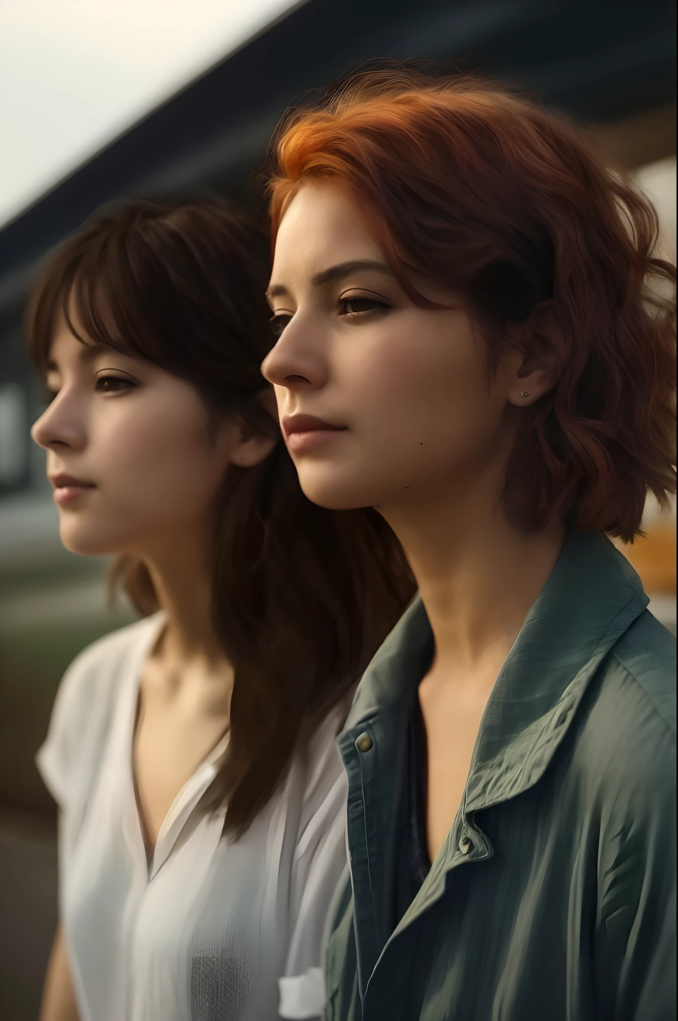 Two women standing next to each other in front of a train, Alena Aenami e Lilia Alvarado, Bela Sci - Fi-twins, Cinematic realistic portrait, cinematic portrayal, Retrato colorido, beautiful gemini twins portrait, Rostos UHD ultrarrealistas, Retrato VFX altamente detalhado, rostos fotorrealistas, duas mulheres, rostos ultra realistas precisos, Foto retrato realista