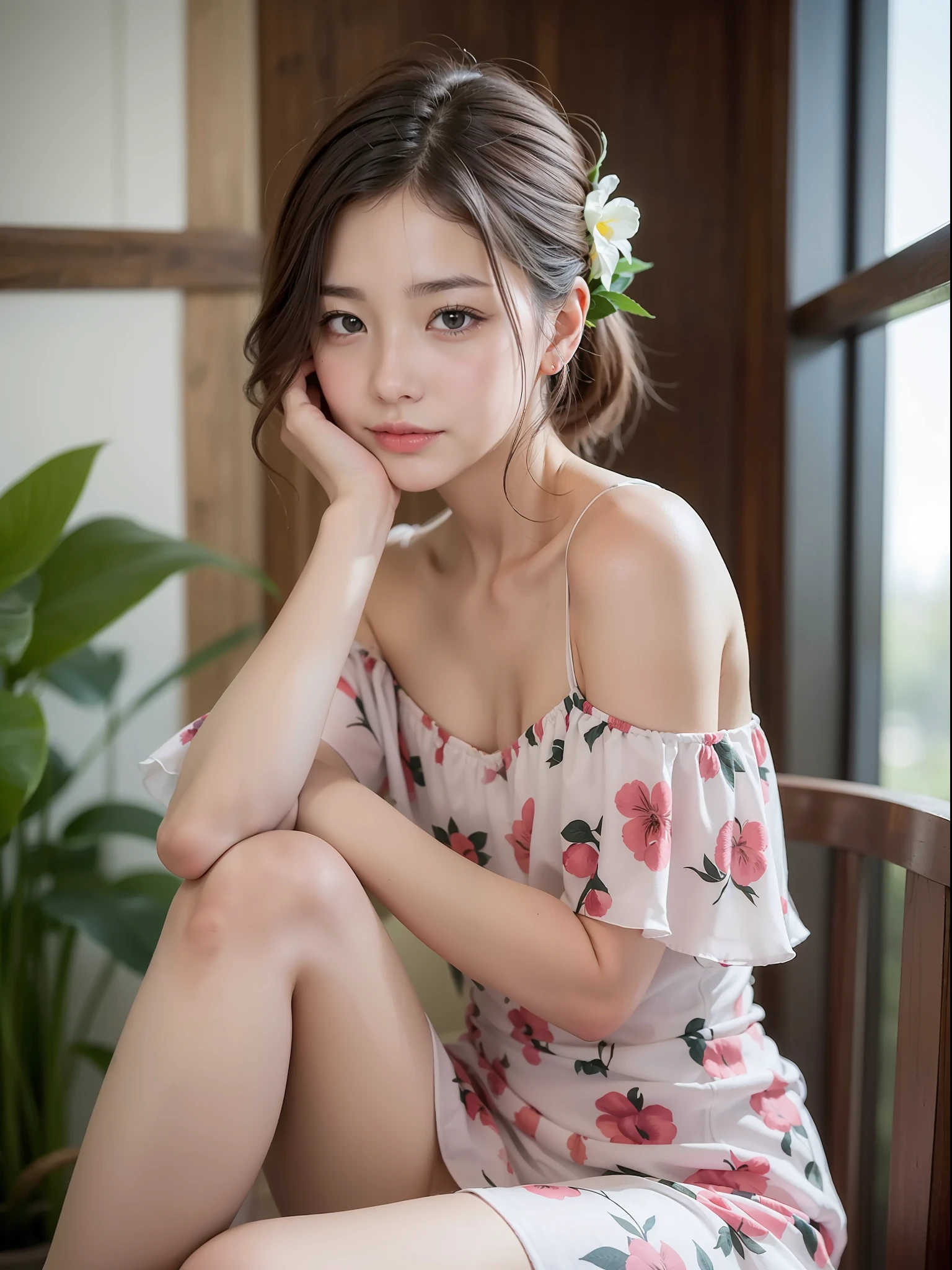 ((of the highest quality, 8K, masutepiece: 1.3, Raw photo)), Sharp Focus: 1.2, (1 AESPA Girl :1.1), Solo, (Realistic, Photorealistic: 1.37), (Face Focus: 1.1), Cute face, hyperdetailed face, Short messy hair, Small Smile, nude, (botanical print Off-the-shoulder chiffon dress: 1.3), thigh, Sitting with one knee up, office, iris