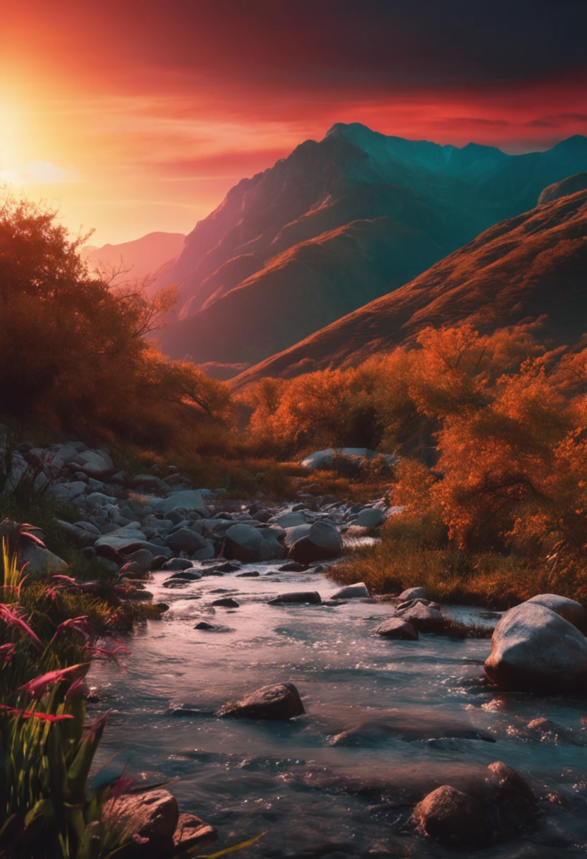 a beautiful natural landscape with mountains rivers and sunset with amazing natural view in heaven