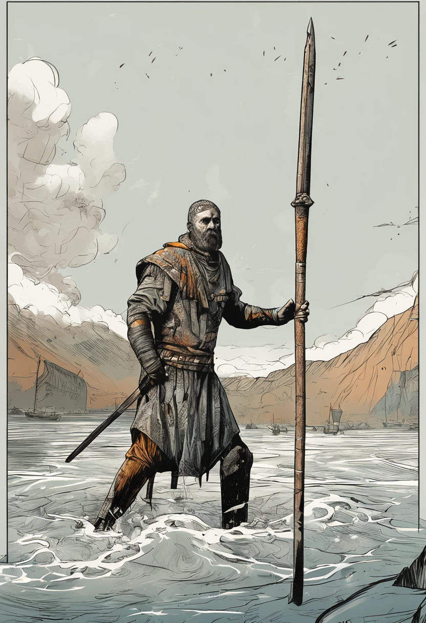 pike, medieval infantry weapon, a long spear with a heavy metal shaft 10 feet (3 metres) long, yellow runes written down the shaft, tipped by a small leaf-shaped steel point.