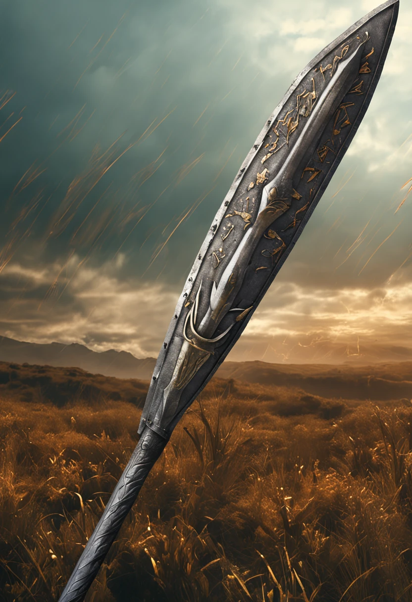 pike, medieval infantry weapon, a long spear with a heavy metal shaft 10 feet (3 metres) long, yellow runes written down the shaft, tipped by a small leaf-shaped steel point.