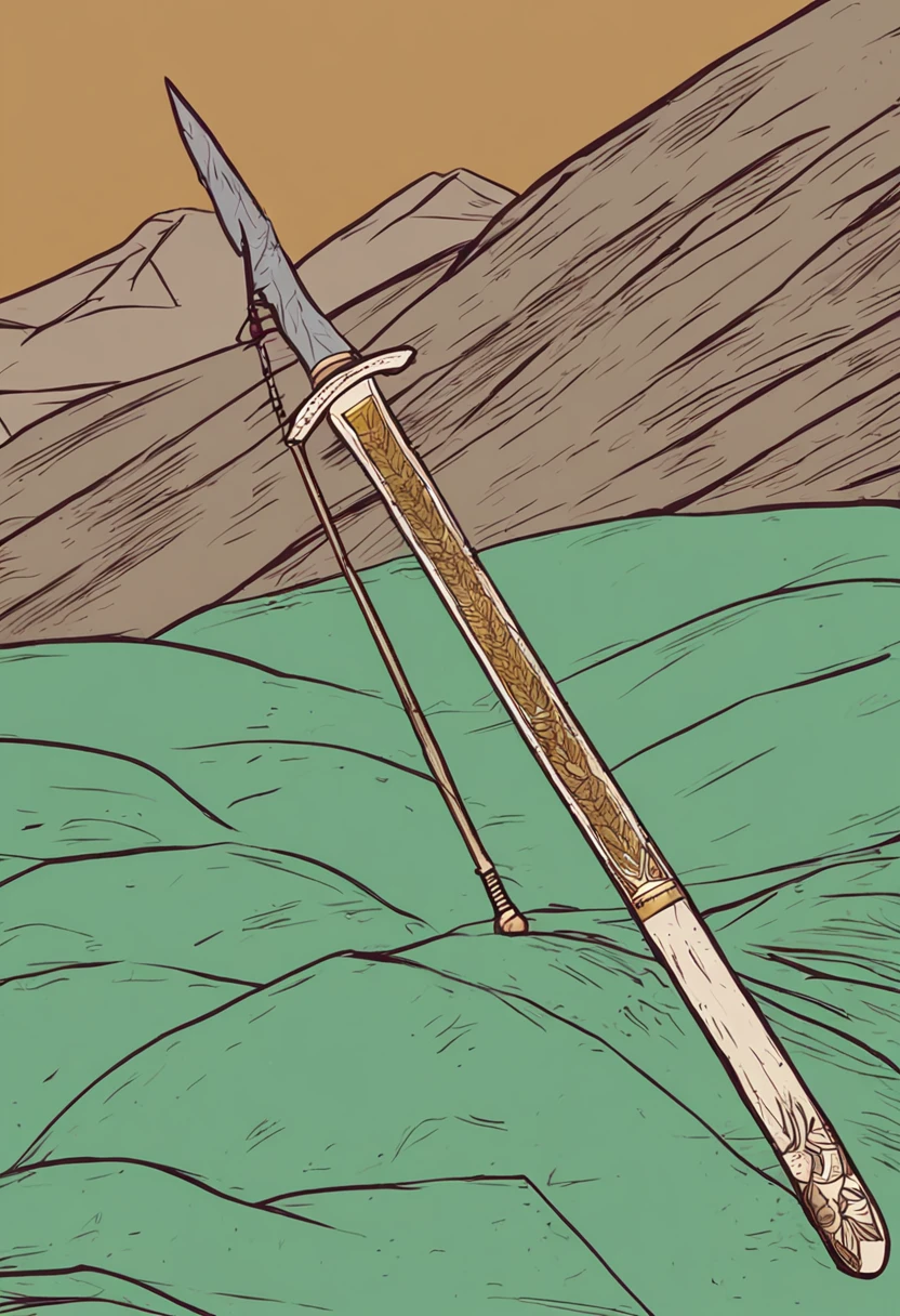 pike, medieval infantry weapon, a long spear with a heavy metal shaft 10 feet (3 metres) long, yellow runes written down the shaft, tipped by a small leaf-shaped steel point.