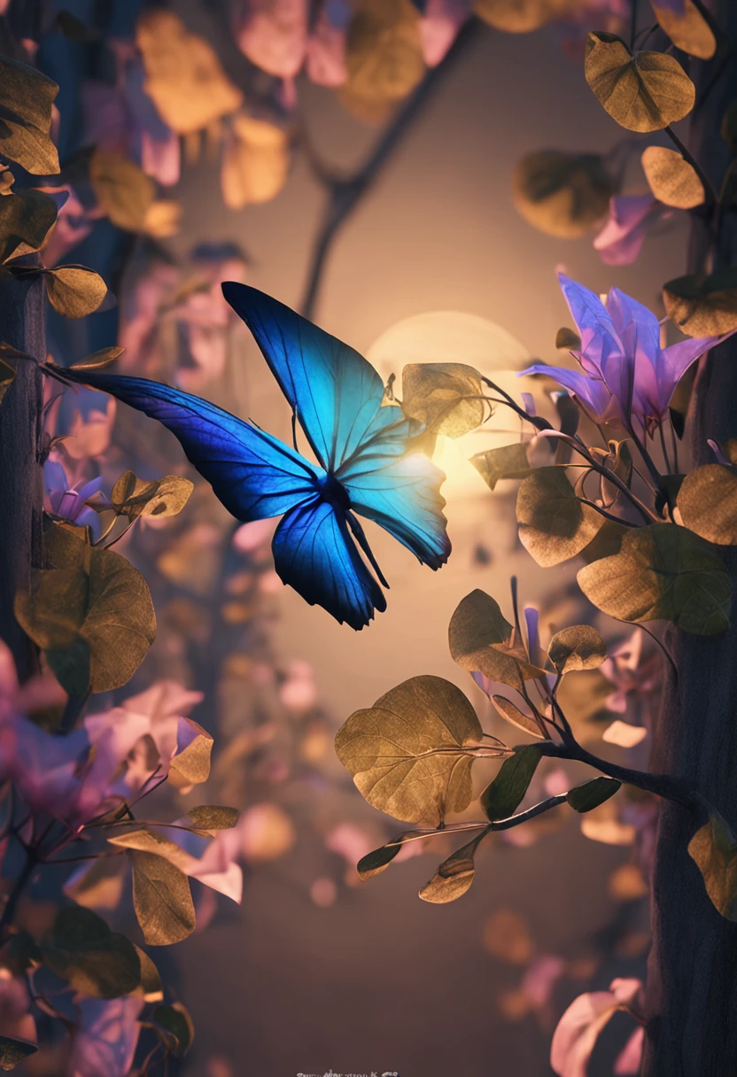 Screen full of morning glory and branches,Reflects sunlight and projections,With 3D effects。Caramel colored flowers,Blue branches。