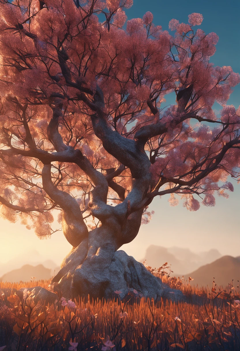 Screen full of morning glory and branches，Reflects sunlight and projections，With 3D effects。Caramel colored flowers，Blue branches。