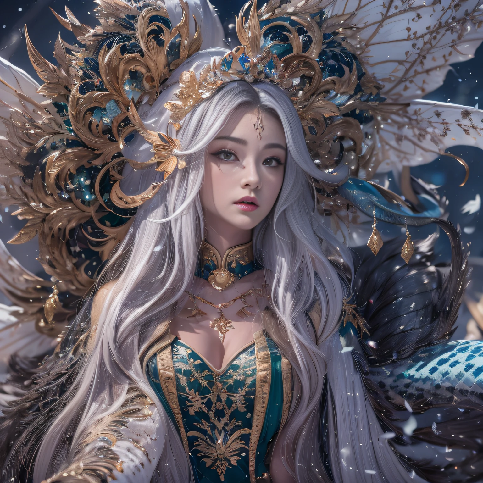 32K(tmasterpiece,k hd,hyper HD,32K)Purple-pink flowing hair,Gold jewelry area in the back room,King Girl ,Green Bronze Dragon Protector (realisticlying:1.4),Python pattern robe,Purple-pink tiara,Snowflakes fluttering,The background is pure,Hold your head high,Be proud,The nostrils look at people, A high resolution, the detail, RAW photogr, Sharp Re, Nikon D850 Film Stock Photo by Jefferies Lee 4 Kodak Portra 400 Camera F1.6 shots, Rich colors, ultra-realistic vivid textures, Dramatic lighting, Unreal Engine Art Station Trend, cinestir 800,Hold your head high,Be proud,The nostrils look at people,Tsundere,Snowflakes fluttering,Snowflakes fluttering,Snowflakes fluttering,Snowflakes fluttering,Impeccable,Exaggerated and unfounded feelings about one's own importance and talents (pompous). Focus on unlimited butterfly fantasies, influencer, power, information, Beauty, Or perfect love. Attributed to the special and unique,Only the highest quality people should be associated