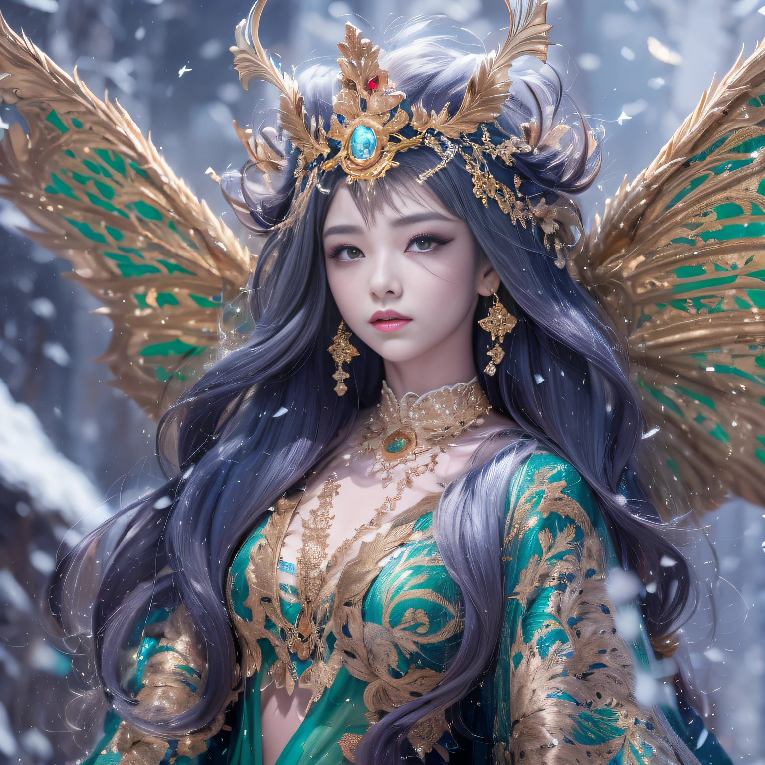 32K(tmasterpiece,k hd,hyper HD,32K)Purple-pink flowing hair,Gold jewelry area in the back room,King Girl ,Green Bronze Dragon Protector (realisticlying:1.4),Python pattern robe,Purple-pink tiara,Snowflakes fluttering,The background is pure,Hold your head high,Be proud,The nostrils look at people, A high resolution, the detail, RAW photogr, Sharp Re, Nikon D850 Film Stock Photo by Jefferies Lee 4 Kodak Portra 400 Camera F1.6 shots, Rich colors, ultra-realistic vivid textures, Dramatic lighting, Unreal Engine Art Station Trend, cinestir 800,Hold your head high,Be proud,The nostrils look at people,Tsundere,Snowflakes fluttering,Snowflakes fluttering,Snowflakes fluttering,Snowflakes fluttering,Impeccable,Exaggerated and unfounded feelings about one's own importance and talents (pompous). Focus on unlimited butterfly fantasies, influencer, power, information, Beauty, Or perfect love. Attributed to the special and unique,Only the highest quality people should be associated