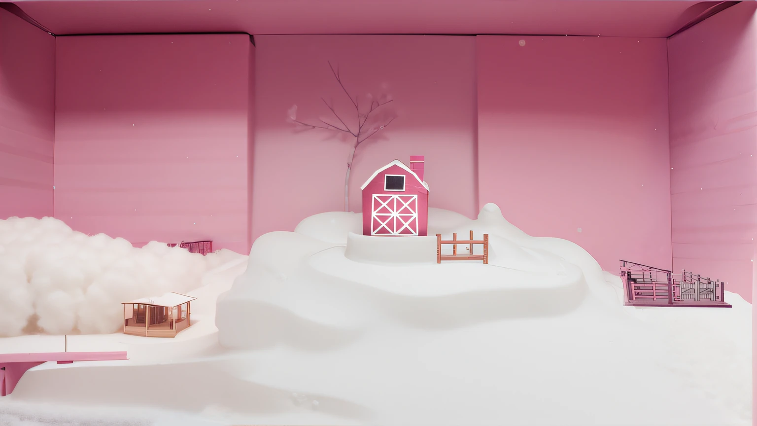 Cotton trees in a mock-up. model with cotton trees. pink cardboard in the background.