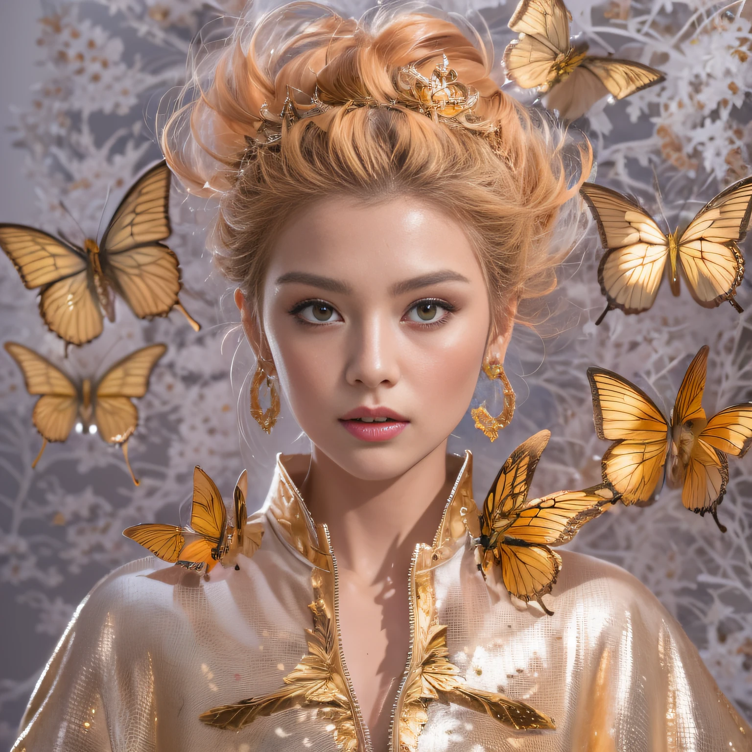 32K(tmasterpiece,k hd,hyper HD,32K)Short flowing light orange hair,Gold jewelry area in the back room,Women's Oversized Floor ,Silver Gold Dragon Protector (realisticlying:1.4),Python pattern robe,Purple-pink tiara,Golden foam flutters,Snow red marble background is pure,Hold your head high,Be proud,The nostrils look at people, A high resolution, the detail, RAW photogr, Sharp Re, Nikon D850 Film Stock Photo by Jefferies Lee 4 Kodak Portra 400 Camera F1.6 shots, Rich colors, ultra-realistic vivid textures, Dramatic lighting, Unreal Engine Art Station Trend, cinestir 800,Hold your head high,Be proud,The nostrils look at people,Short light orange hair,Linen vest,Impeccable,Exaggerated and unfounded feelings about one's own importance and talents (pompous). Focus on unlimited butterfly fantasies, influencer, power, information, Beauty, Or perfect love. Attributed to the special and unique,Only the highest quality people should be associated