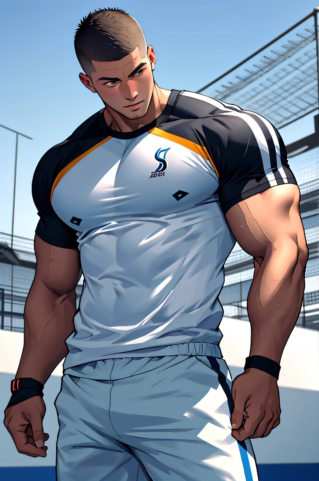 Draw a full-fledged athlete，Stand on the central field of the gym，He wears high-end sportswear，The man looks confident and determined，looking-down，Crew cut，full bodyesbian，shooting from below，