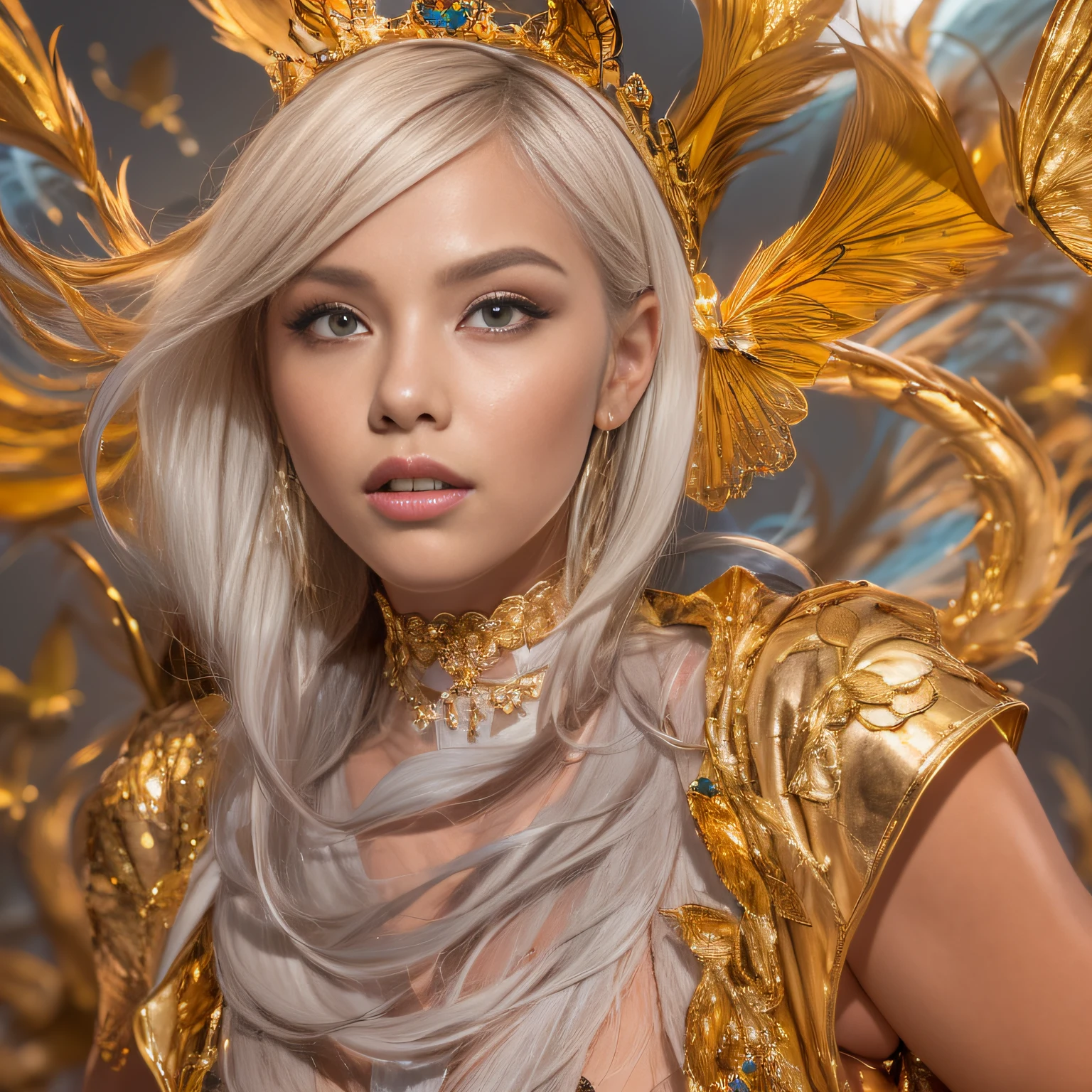 32K（tmasterpiece，k hd，hyper HD，32K）Short flowing light orange hair，Gold jewelry area in the back room，Women's Oversized Floor ，Silver Gold Dragon Protector （realisticlying：1.4），Python pattern robe，Purple-pink tiara，Golden foam flutters，Snow red marble background is pure，Hold your head high，Be proud，The nostrils look at people， A high resolution， the detail， RAW photogr， Sharp Re， Nikon D850 Film Stock Photo by Jefferies Lee 4 Kodak Portra 400 Camera F1.6 shots, Rich colors, ultra-realistic vivid textures, Dramatic lighting, Unreal Engine Art Station Trend, cinestir 800，Hold your head high，Be proud，The nostrils look at people，Short light orange hair，Linen vest，Impeccable，Exaggerated and unfounded feelings about one's own importance and talents (pompous). Focus on unlimited butterfly fantasies, influencer, power, information, Beauty, Or perfect love. Attributed to the special and unique，Only the highest quality people should be associated