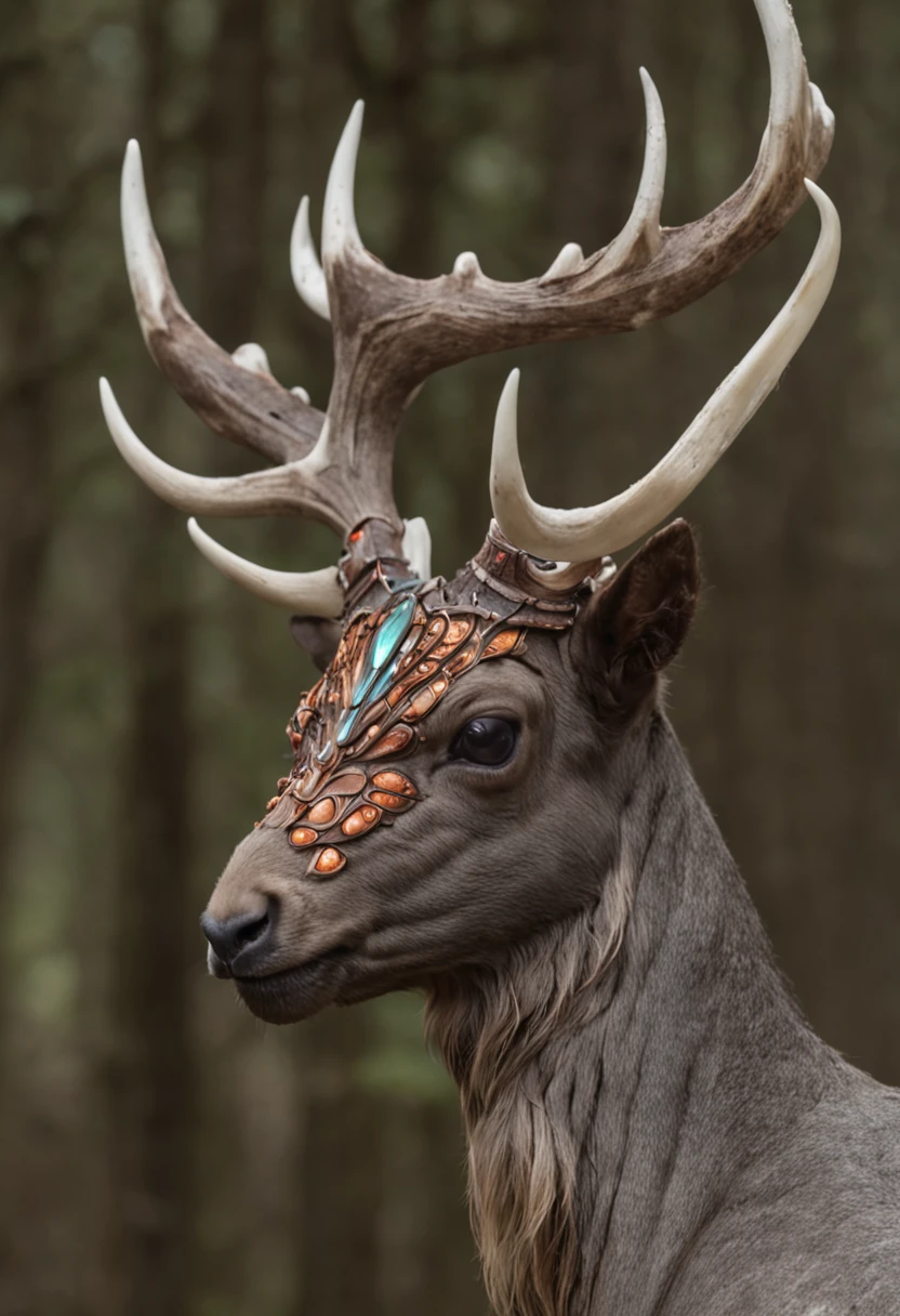 Horizontal antlers，The shattered aura glows warmly and brightly between the antlers
A pair of wings in the back，Layers of broken feathers，There are wings underneath，It is a tentacle covered with white scales，A grotesque but beautiful monster