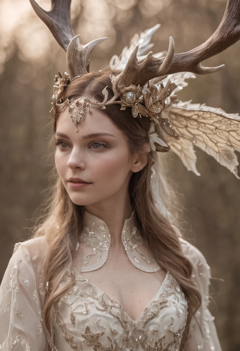 Horizontal antlers,The shattered aura glows warmly and brightly between the antlers
A pair of wings in the back,Layers of broken feathers,There are wings underneath,It is a tentacle covered with white scales,A grotesque but beautiful monster