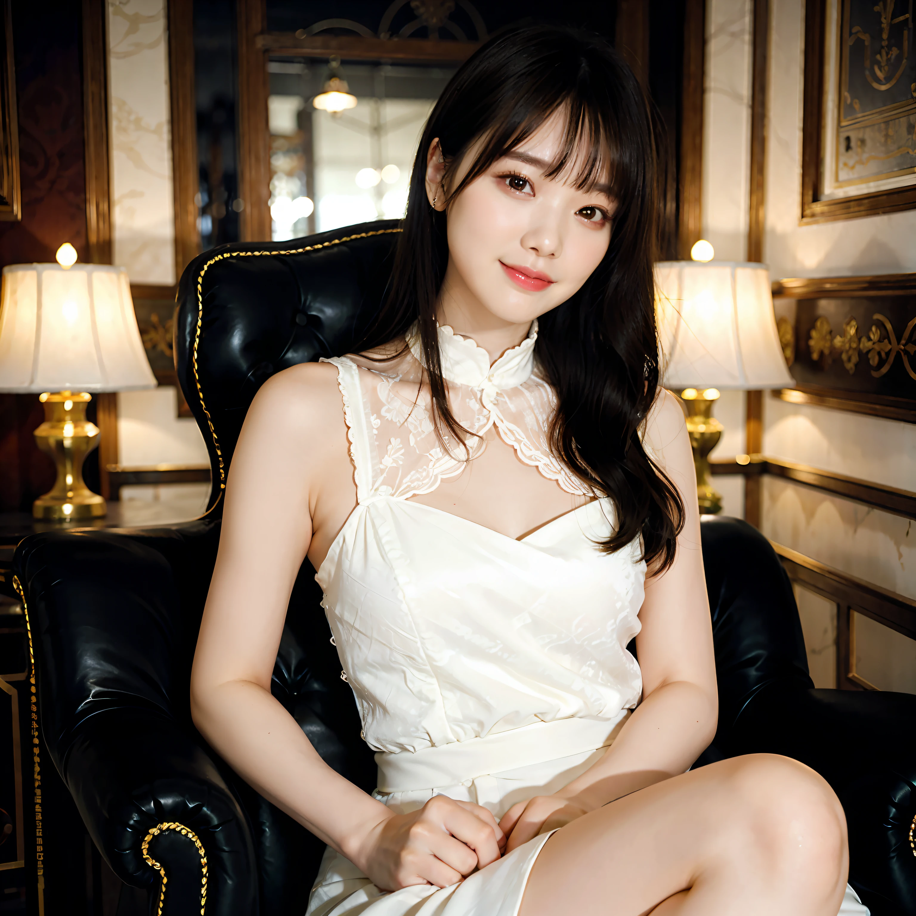 Woman sitting on a luxurious black chair wearing a white dress in a British royal style restaurant、top-quality、女の子 1 a person、large full breasts、natta、murky、Blur background、bokeh dof、inside in room、(a person々、crowd:1)、(lace-trimmed)onepiece:1.2、Sleeveless dress、White suit、White dress:1.2、white one peace:1.2)、a gorgeous(Long、forehead:1.2)、Luxurious interior、耳Nipple Ring、(dynamicposes:1.4)、 (The upper part of the body:0.8)、dark ilumination、the wind、glowy skin、a smile、No sunlight、Golden decoration、Provocative facial expressions