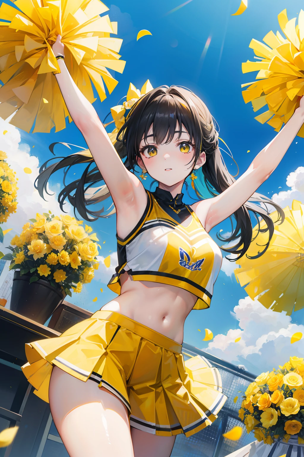 Young ladies in cheerleading uniforms waving yellow flower balls in the air,Yellowish,Still life with detailed realism,Meticulous,Dynamic outdoor shooting,Yellow and black cheerleading costumes