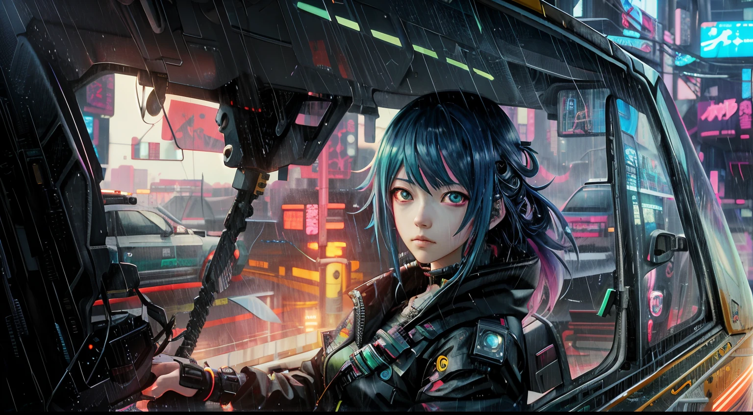 Anime Girl in the Car in the Rain, Guviz-style artwork, cyberpunk anime girl, Digital cyberpunk anime art, style of anime4 K, anime cyberpunk art, cyberpunk anime art, digitl cyberpunk - anime art, female cyberpunk anime girl, Anime style. 8K, Guviz, dreamy cyberpunk girl, Cyberpunk girl, beautiful cyberpunk girl face