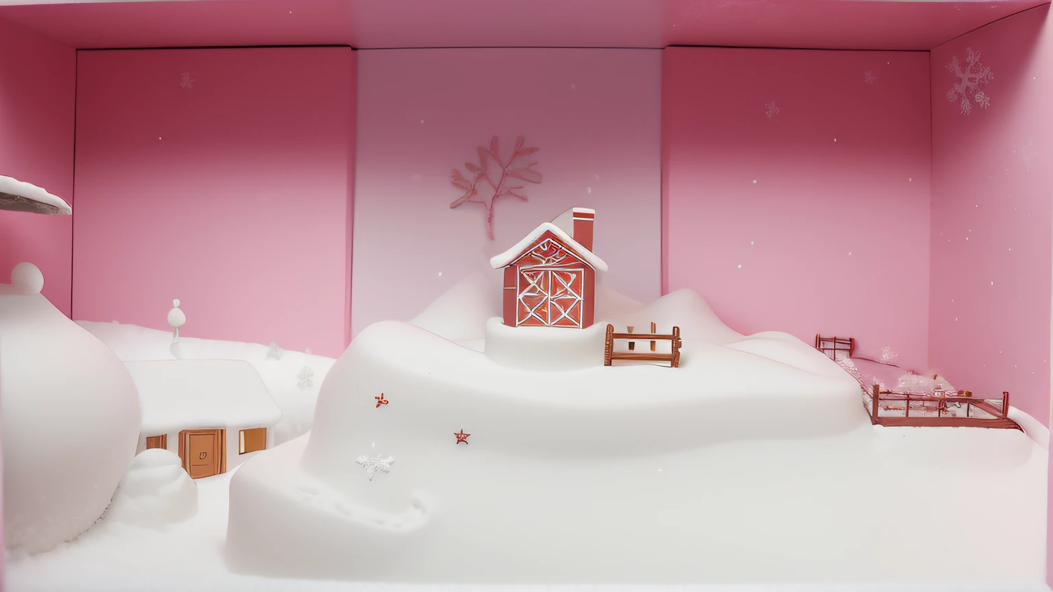 Um Celeiro cor de rosa na neve. Cardboard box on the bottom. Maquete. Uma maquete de um celeiro cor de rosa na neve. Muita neve.