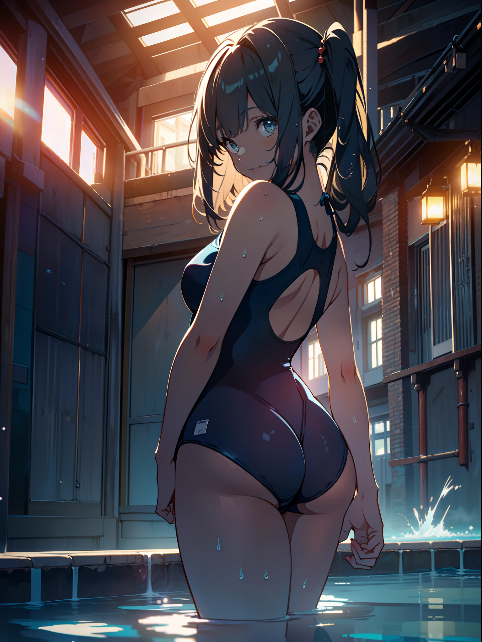 masterpiece, best quality, ultra-detailed illustration,beautiful artwork,(Extreme Detail CG Unity 8K wallpaper、masterpiece、top-quality)、(exquisite lighting and shadow、highly dramatic picture、cinematic lens effects)、a girl standing in a school swim suit near the edge of a pool (holding a butt), 1girl, pool, (school swimsuit), solo, one-piece swimsuit, wet, looking at viewer, water, looking back, smile, breasts, black hair, twintail,wading, from behind, shiny clothes, bangs, bare shoulders, small breasts, bare arms, (dark-blue school-swimsuit:1.5), pool ladder, shiny, thighs, indoors, parted lips,wet,from below,