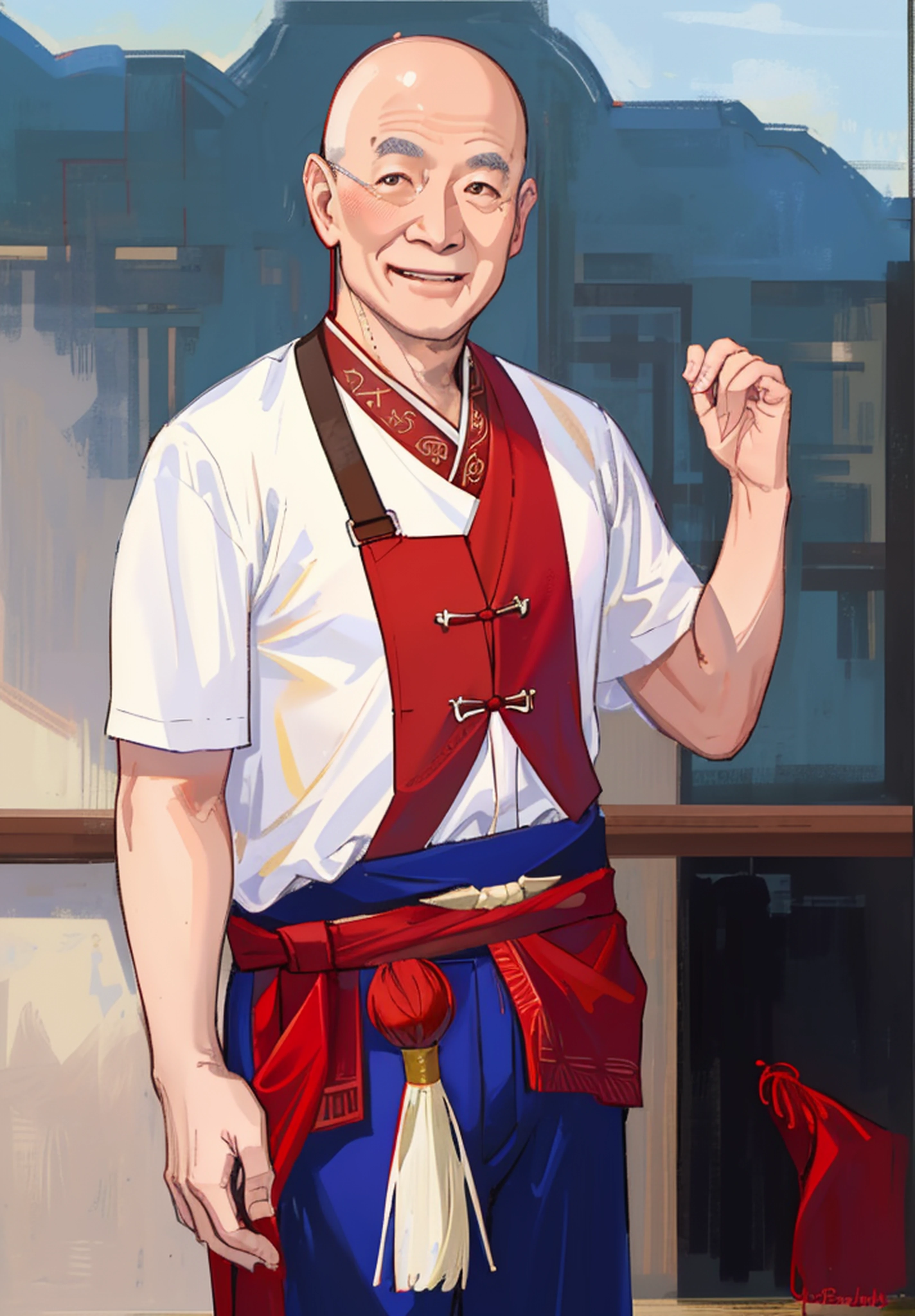 (Masterpiece, best quality: 1.2), (Super detailed), (Illustration),a U-shape bald old man, with a red tartan loincloth around his waist, asian bald man with white shirt, blue jeans, smile face, bald and fat man, white shirt, ((smile face)), Asia old man, Asian face, no beard, checked loincloth, red plaid loincloth, ((Asian old man)), U-shape bald black hair, ((U-shape bald)), white shirt. ((white shirt))