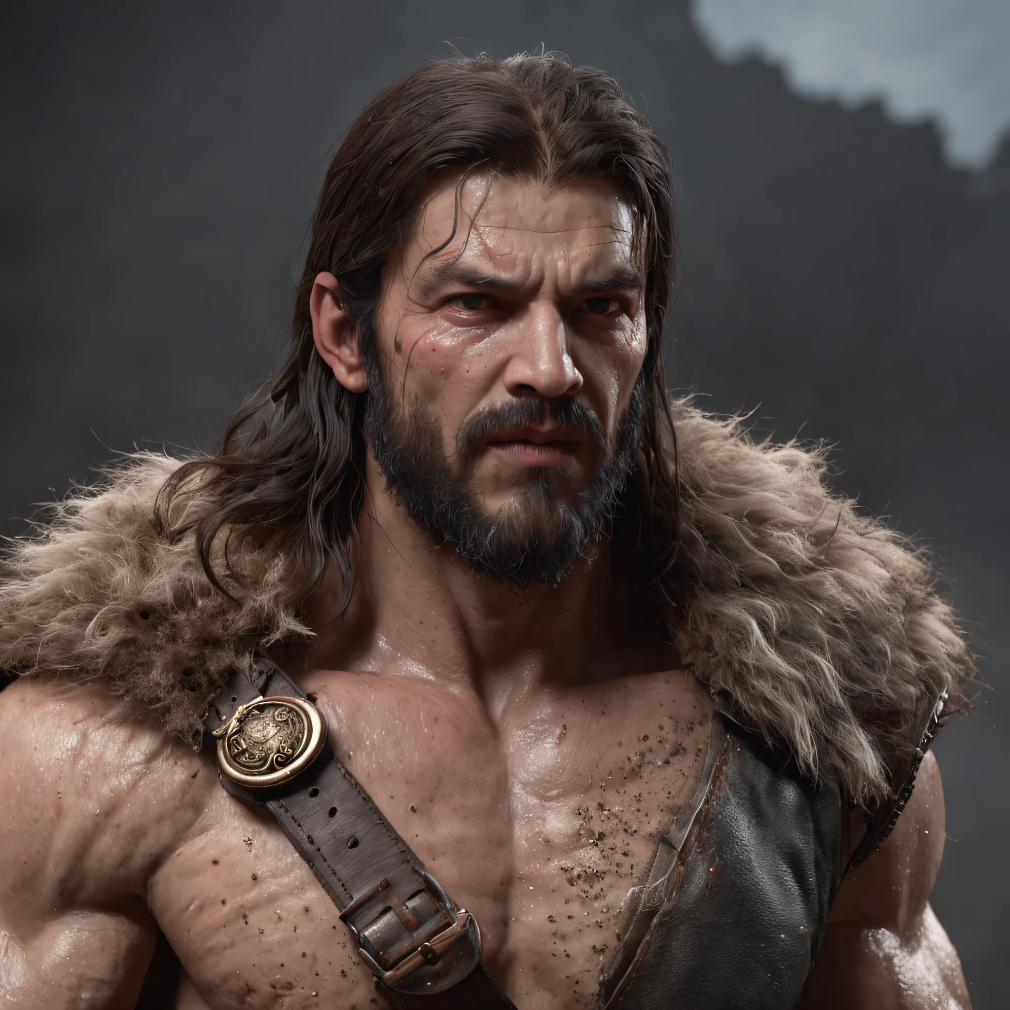 (professional 3d render:1.3) af (Realistic:1.3) most beautiful artwork photo in the world，Features soft and shiny male heroes, ((Epic hero fantasy muscle man rough wet hero angry looking long hair short beard and ferocious expression in dynamic pose, Fantastic location, Majestic cluttered environment)), Full body 8K unified rendering, action  shot, skin pore, very dark lighting, heavyshading, Detailed, Detailed face, (vibrant, photograph realistic, Realistic, Dramatic, Dark, Sharp focus, 8K), (Old leather garments damaged by weathering:1.4), ((((Wear fur)))), (Intricate:1.4), decadent, (Highly detailed:1.4), Digital painting, rendering by octane, art  stations, concept-art, smooth, Sharp focus, illustration, Art germ, (loish:0.23), wlop ilya kuvshinov, and greg rutkowski and alphonse mucha gracias, (Global illumination, Studio light, volumettic light), heavy rain, particles floating, lotr, fantasy, elf, full bodyesbian, ((Dark and ancient city background:1.3)),CGSesociety,art  stations