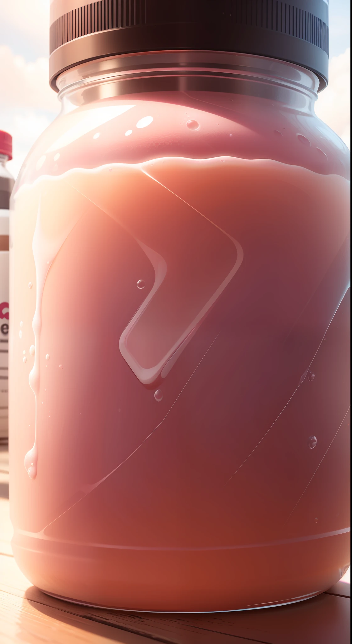Lactic acid bacteria drink HD close-up, Pink packaging, Strong texture, Half of the milk in the bottle fluctuates, Texture space background, hyper photorealism, Ray tracing, projected inset, From the outside, Sony FE, Close-up, Cowboy shot, Atmospheric perspective, hyper HD