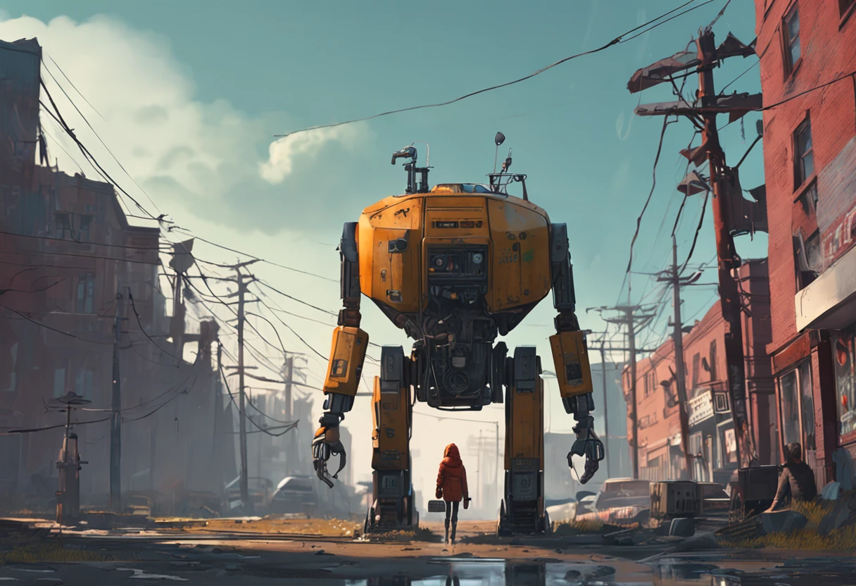 Award-winning 4K digital painting, The style of Simon Stalenhag. Ultra-detailed and complex depictions of a robot and an adult girl wandering in a post-apocalyptic world, Beautiful lighting and cinematic composition make this piece a true masterpiece, trending on artstationh