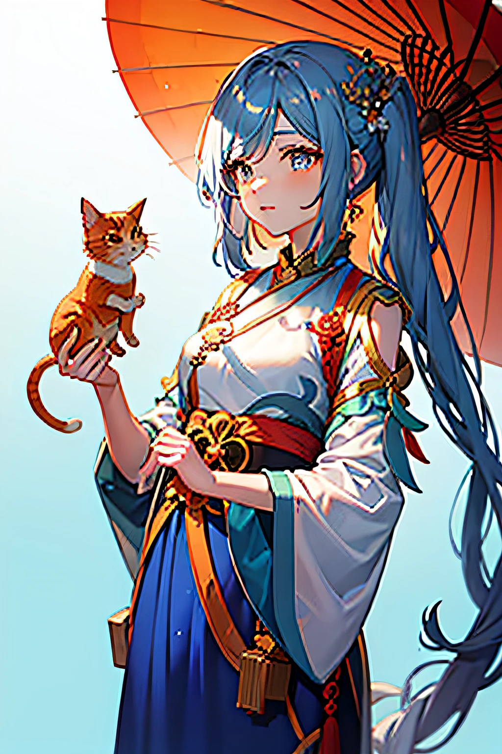 Antique Hanfu、Long blue dress、woman、Holding an oil-paper umbrella、Holding an orange cat