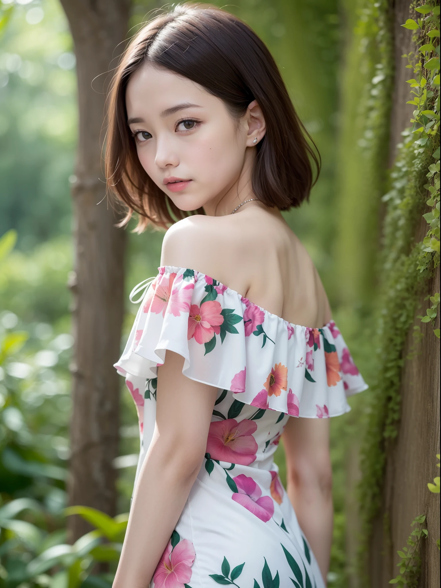 ((of the highest quality, 8K, masutepiece: 1.3, Raw photo)), Sharp Focus: 1.2, (1 AESPA Girl :1.1), Solo, (Realistic, Photorealistic: 1.37), (Face Focus: 1.1), Cute face, hyperdetailed face, Short messy hair, Small Smile, nude, (botanical print Off-the-shoulder chiffon dress: 1.3), thigh, look back, office, iris