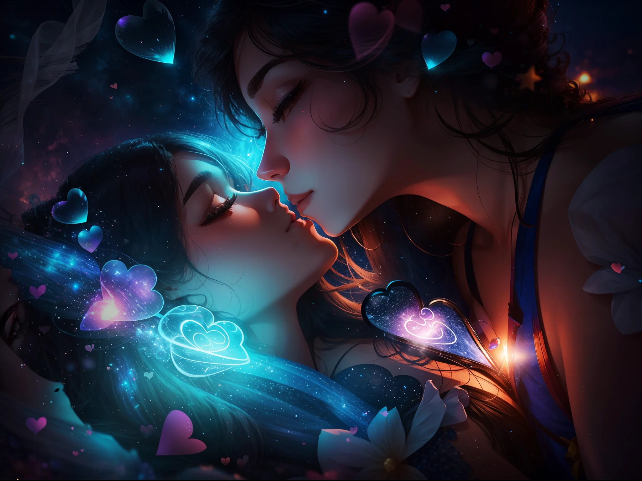 Romantic couple kissing in the wind,glowing stars,Glow effects,Heart-shaped bubbles,the night,On a cruise ship,The face is clear and accurate,detail in face,super-fine,beachside,16K resolution,high qulity,电影灯光,High picture detail,dynamic viewing angle,Detailed pubic hair,Epic shooting,oc rendered